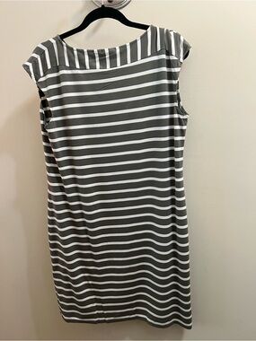 Chico's Olive Grey and White Striped Sleeveless Midi Dress Size 2